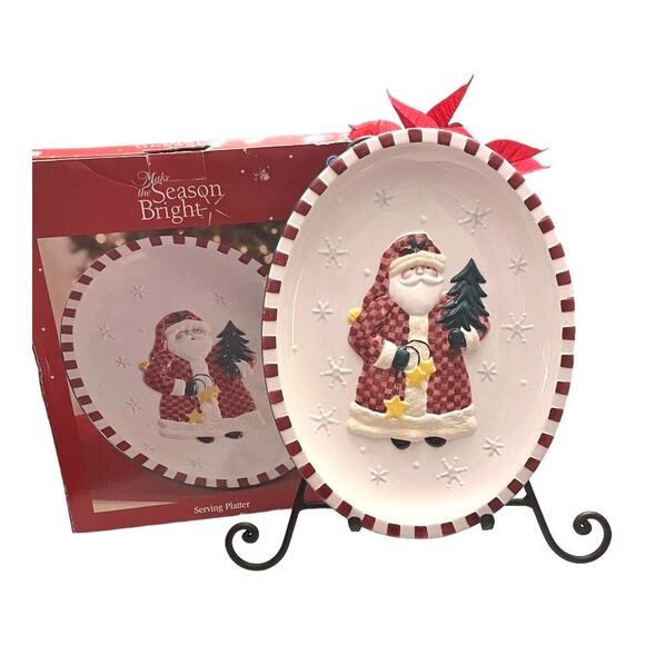 Make The Season Bright Santa Claus 15” Oval SERVING PLATTER Christmas Plate Box! - Picture 5 of 5